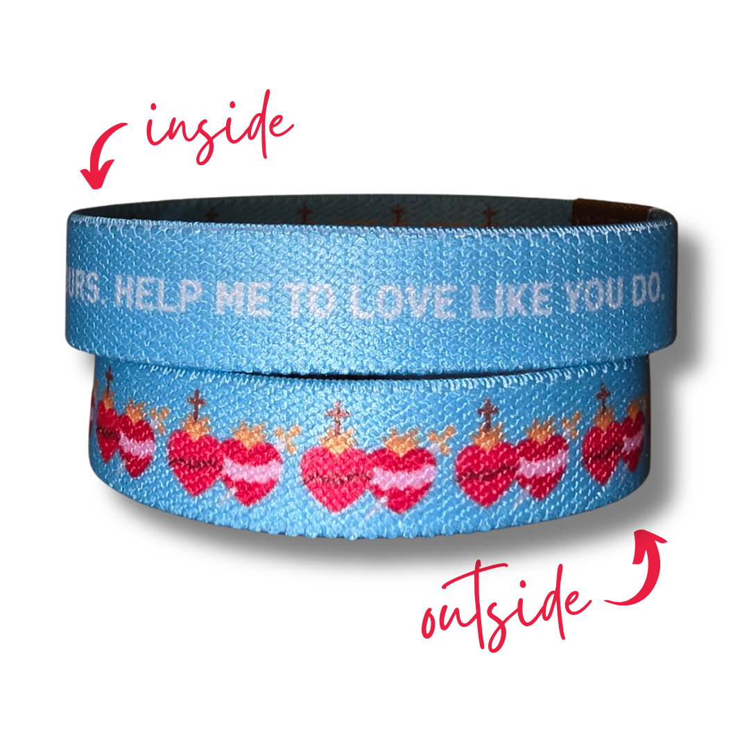 2 Hearts Medium TruthBand inside outside- Pink Salt Riot- "Jesus and Mary give me a heart like yours. Help me to love like you do." is written on the inside of the elastic bracelet