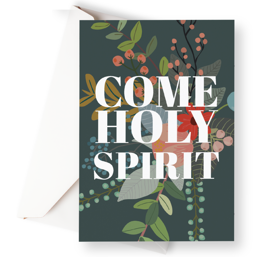 Card with floral design and 'COME HOLY SPIRIT' text on a dark background- Pink Salt Riot