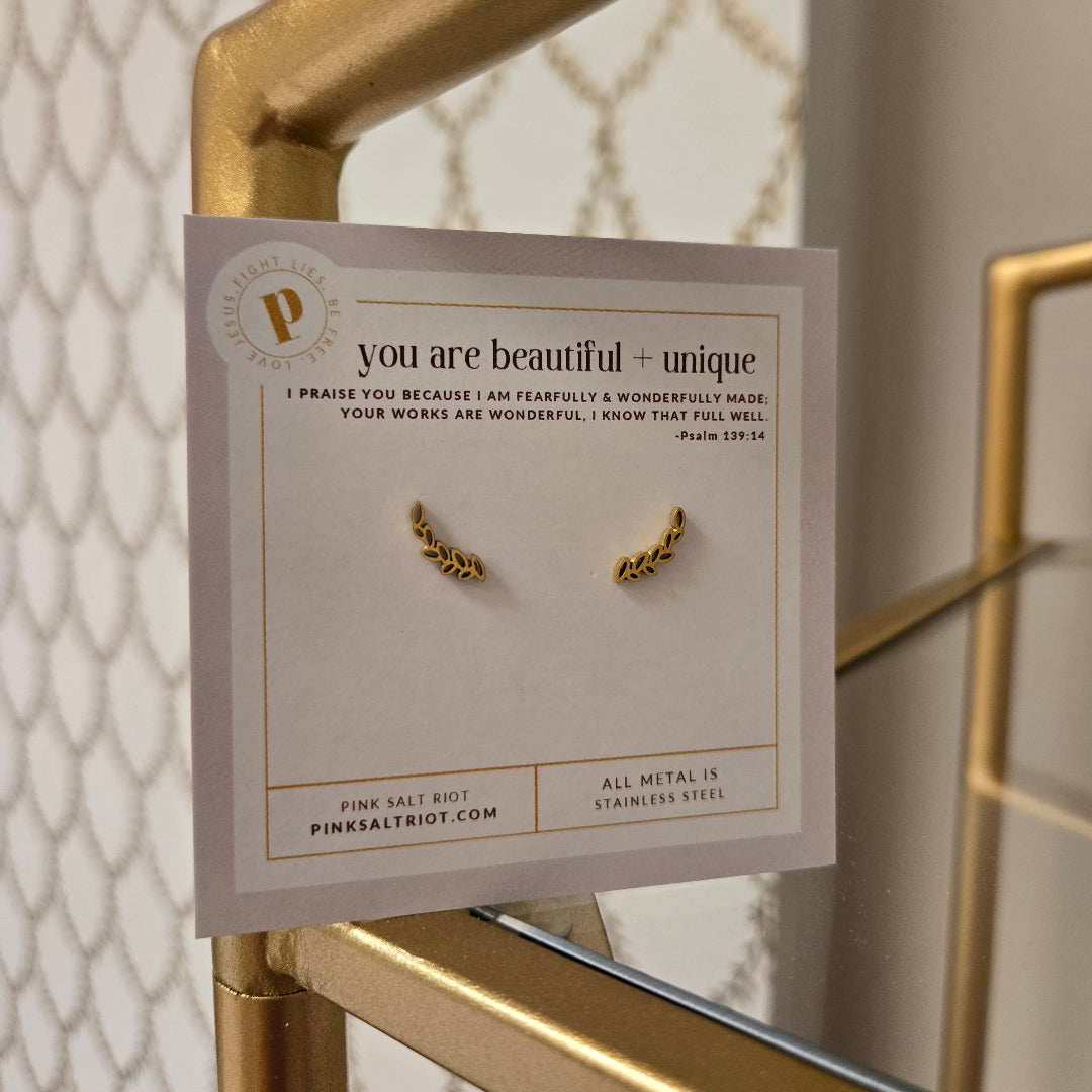 Vine & Branches gold stud earrings- Pink Salt Riot- on card