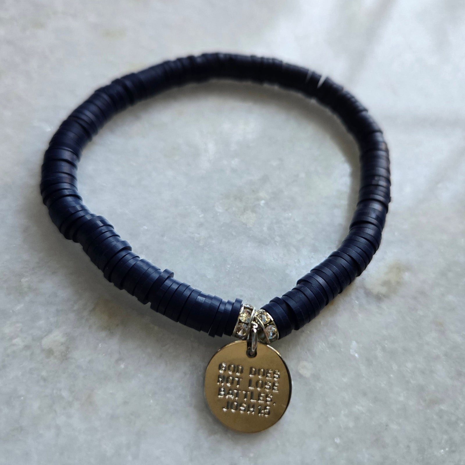 He Will Not Fail Me Navy Clay Heishi Bracelet-Pink Salt Riot- back of charm