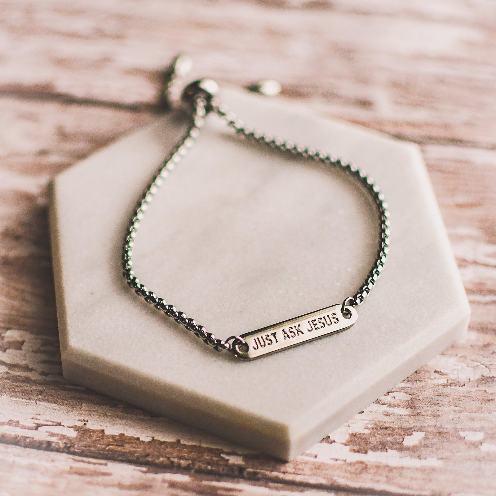 Just Ask Jesus Silver Bar Slider Bracelet - Pink Salt Riot