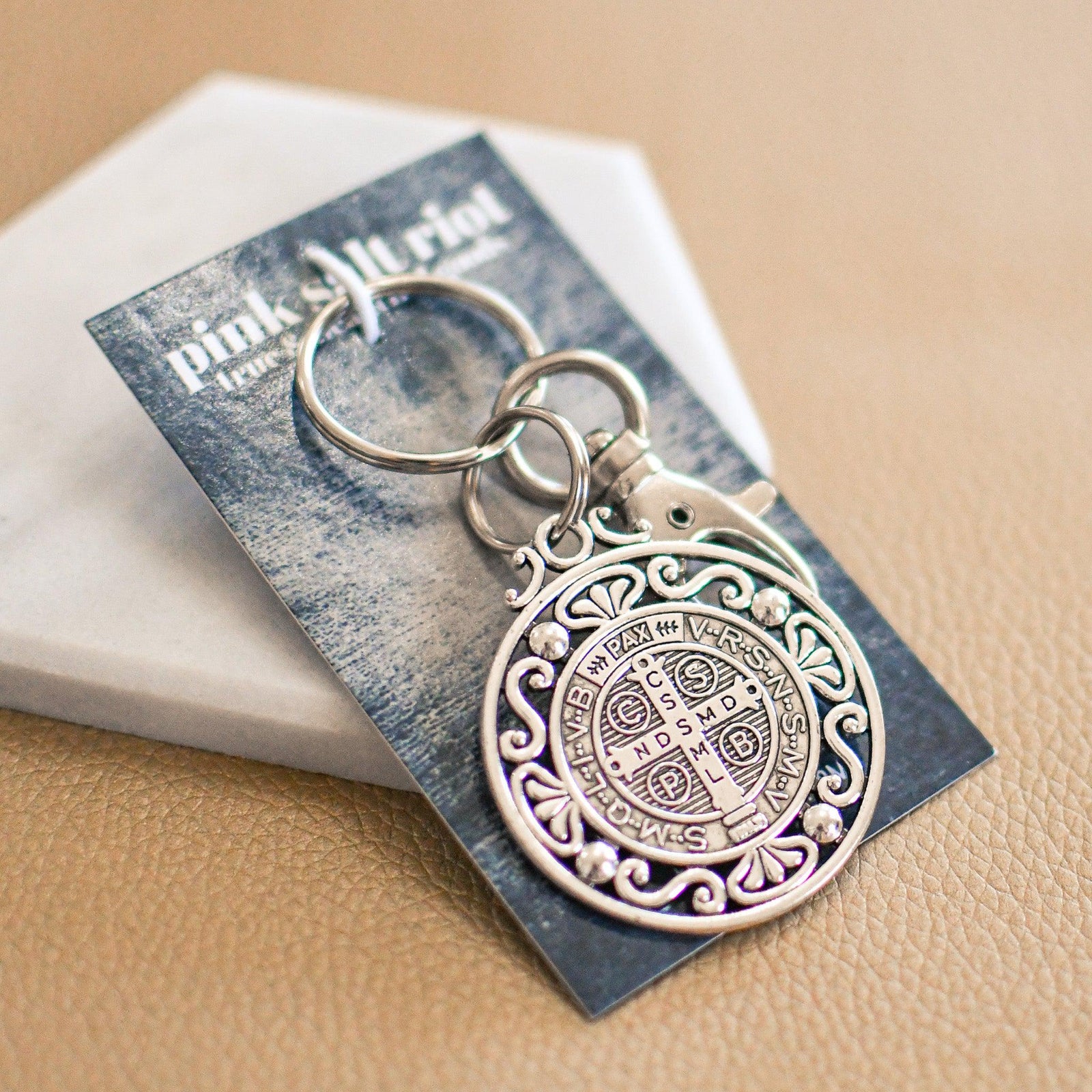 St Benedict Medal Keychain - Pink Salt Riot