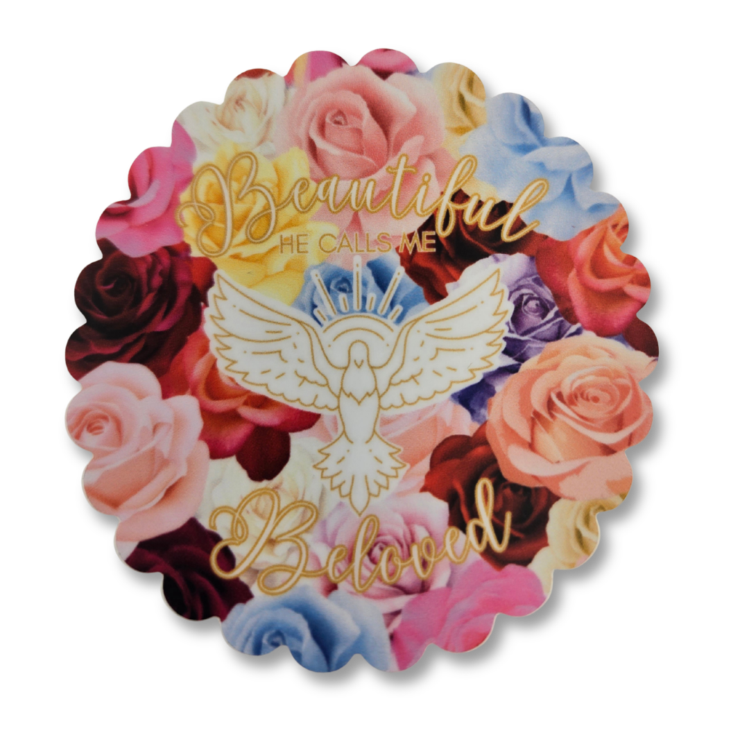 Decorative sticker with floral design and text 'Beautiful He Calls Me Beloved' with a dove