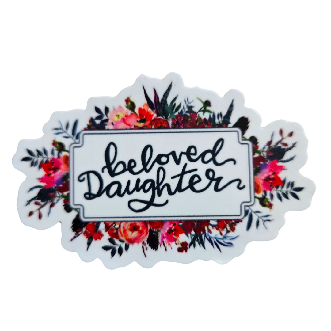 Beloved Daughter vinyl sticker on a plate