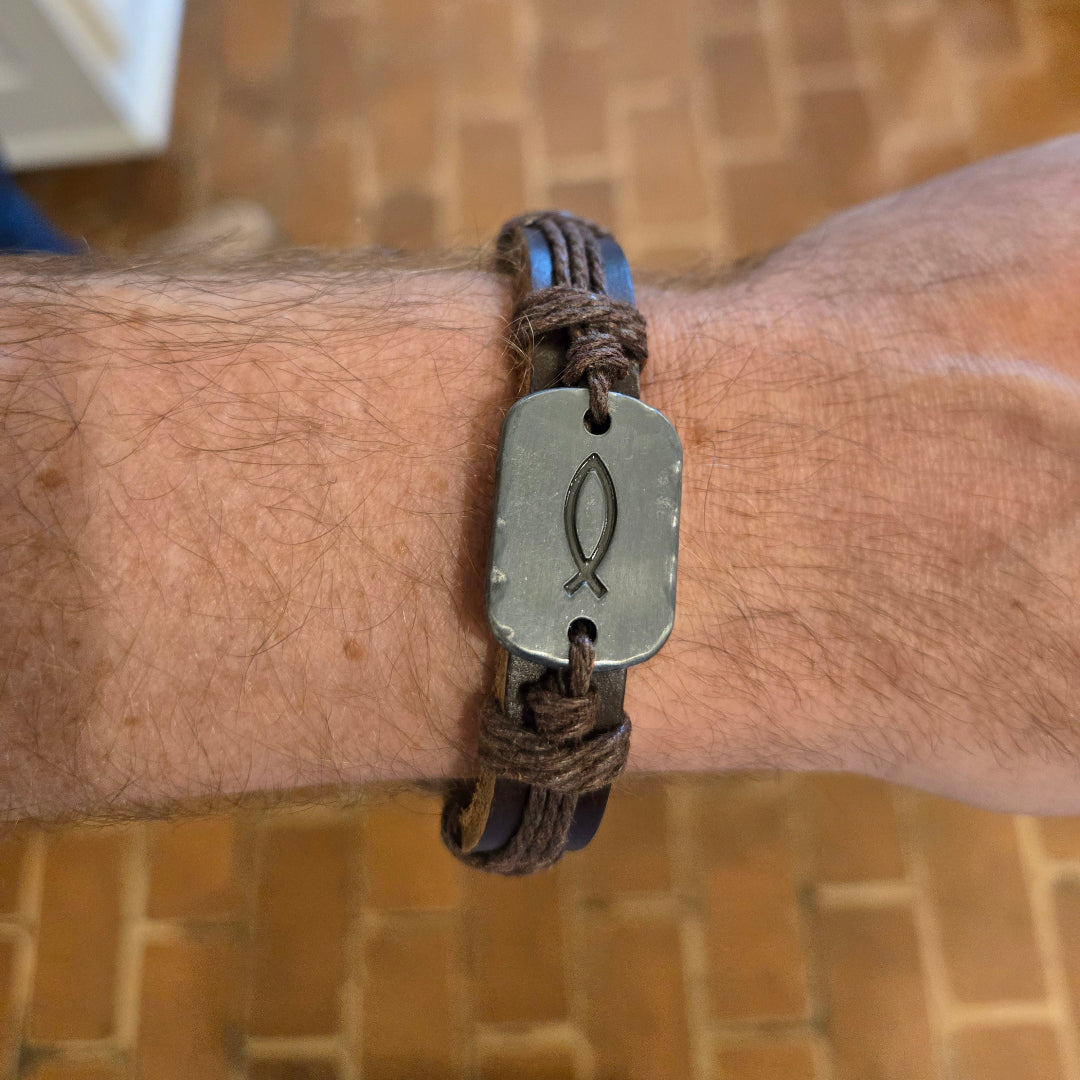 Fishers of Men rugged leather bracelet- Pink Salt Riot close up