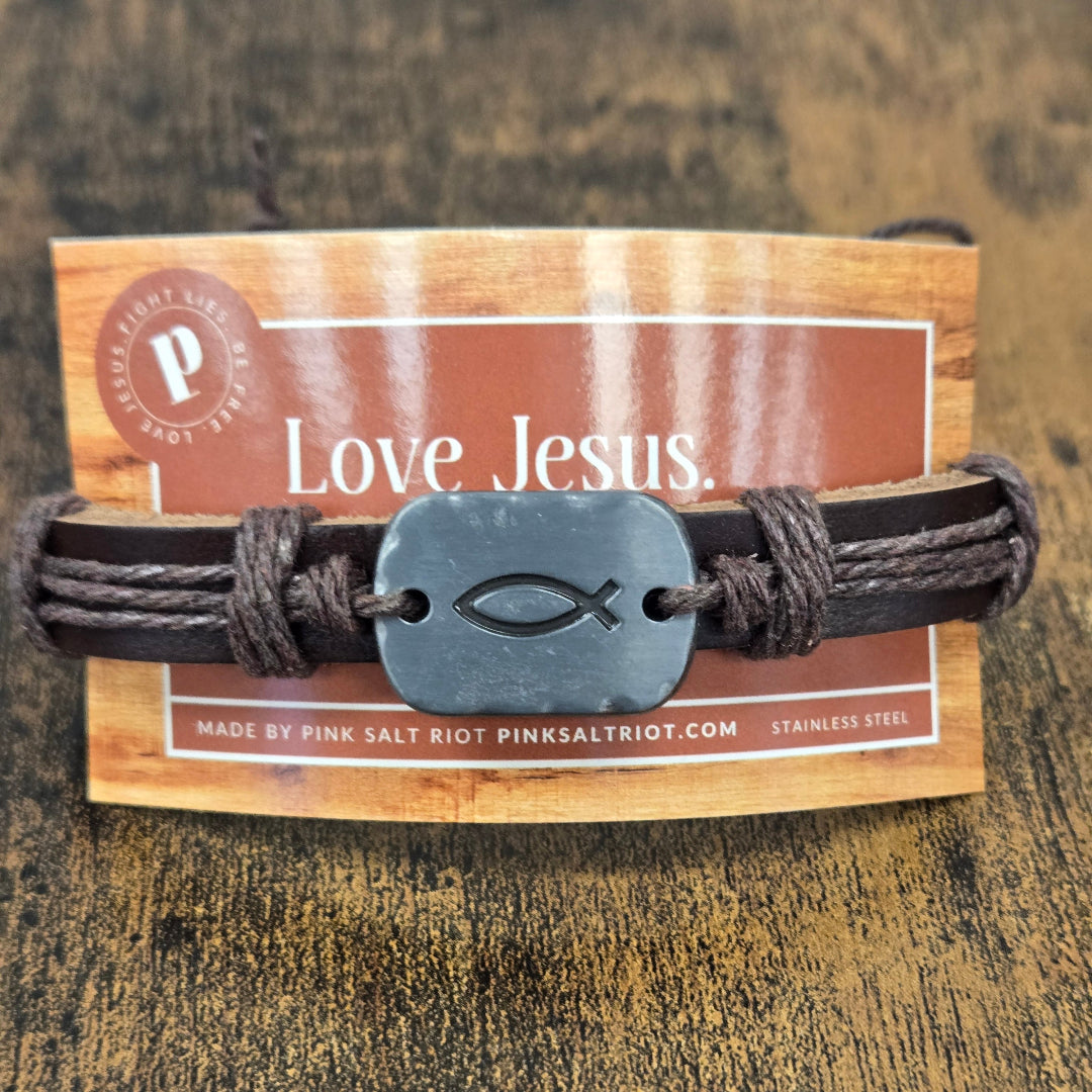 Fishers of Men rugged leather bracelet- Pink Salt Riot- on card