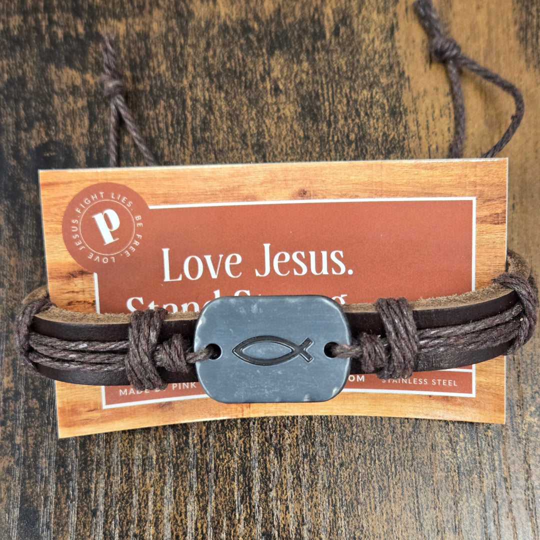 Fishers of Men rugged leather bracelet - Pink Salt Riot on card closeup