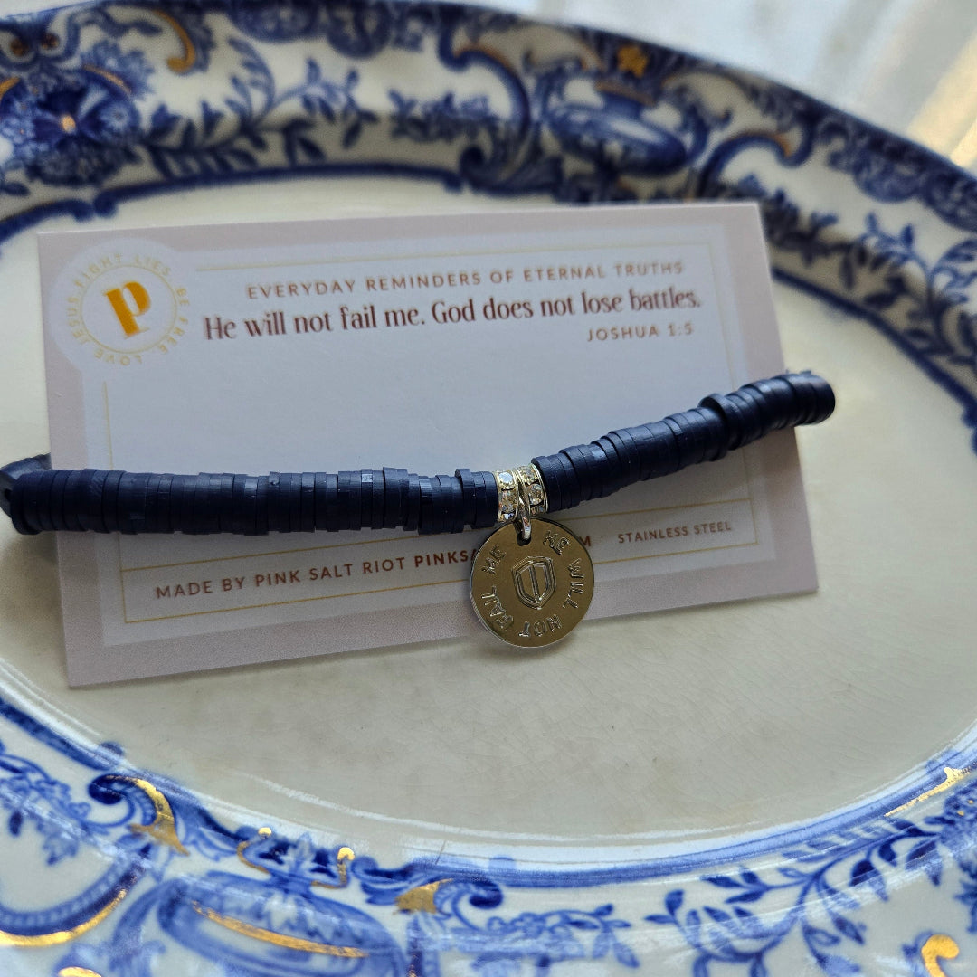 He Will Not Fail Me Navy Clay Heishi Bracelet-Pink Salt Riot- on card &amp; plate
