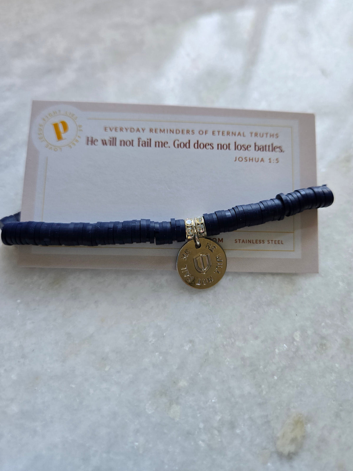 He Will Not Fail Me Navy Clay Heishi Bracelet-Pink Salt Riot on card
