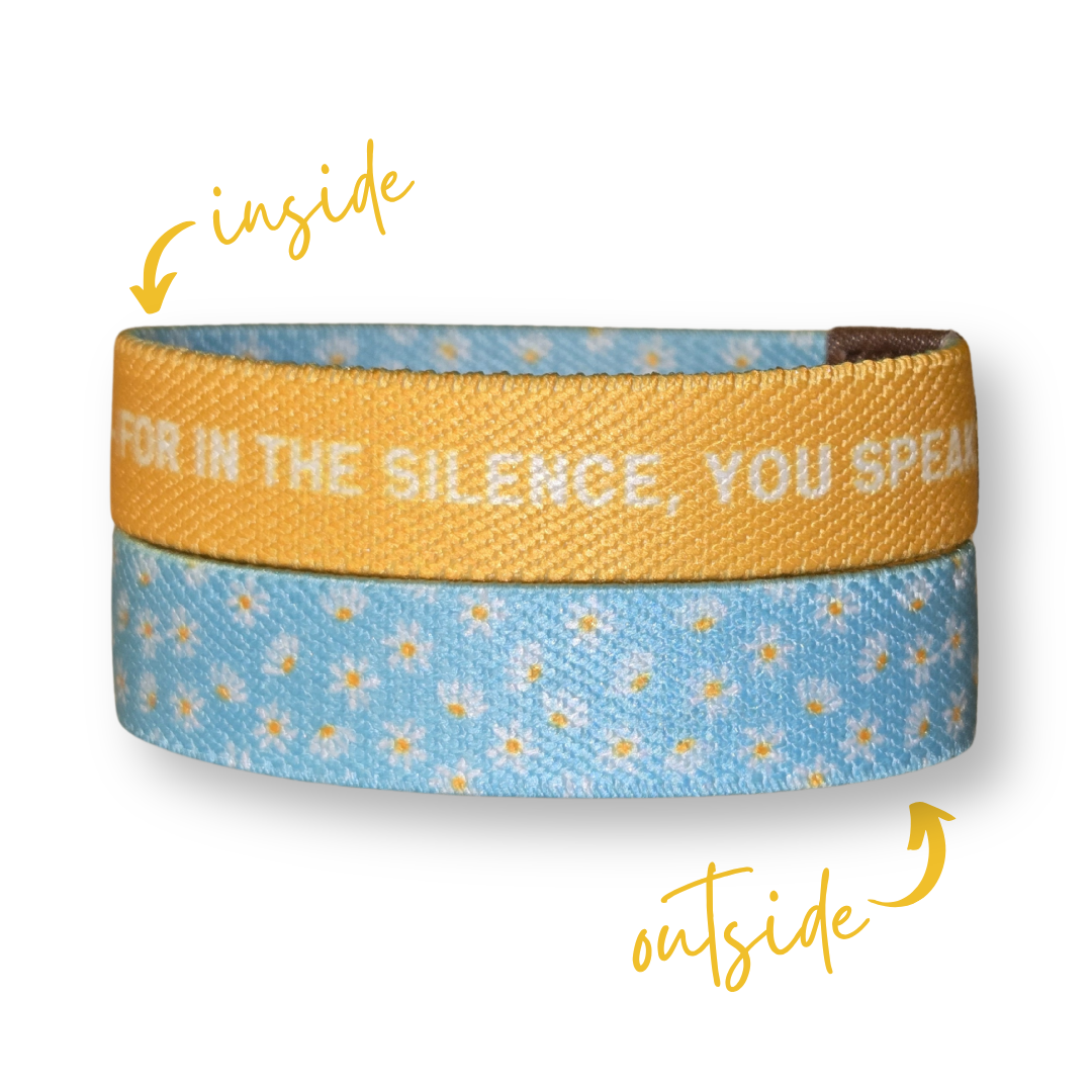 Inspirational Christian wristband for girls with yellow scripture text and blue floral design by Pink Salt Riot