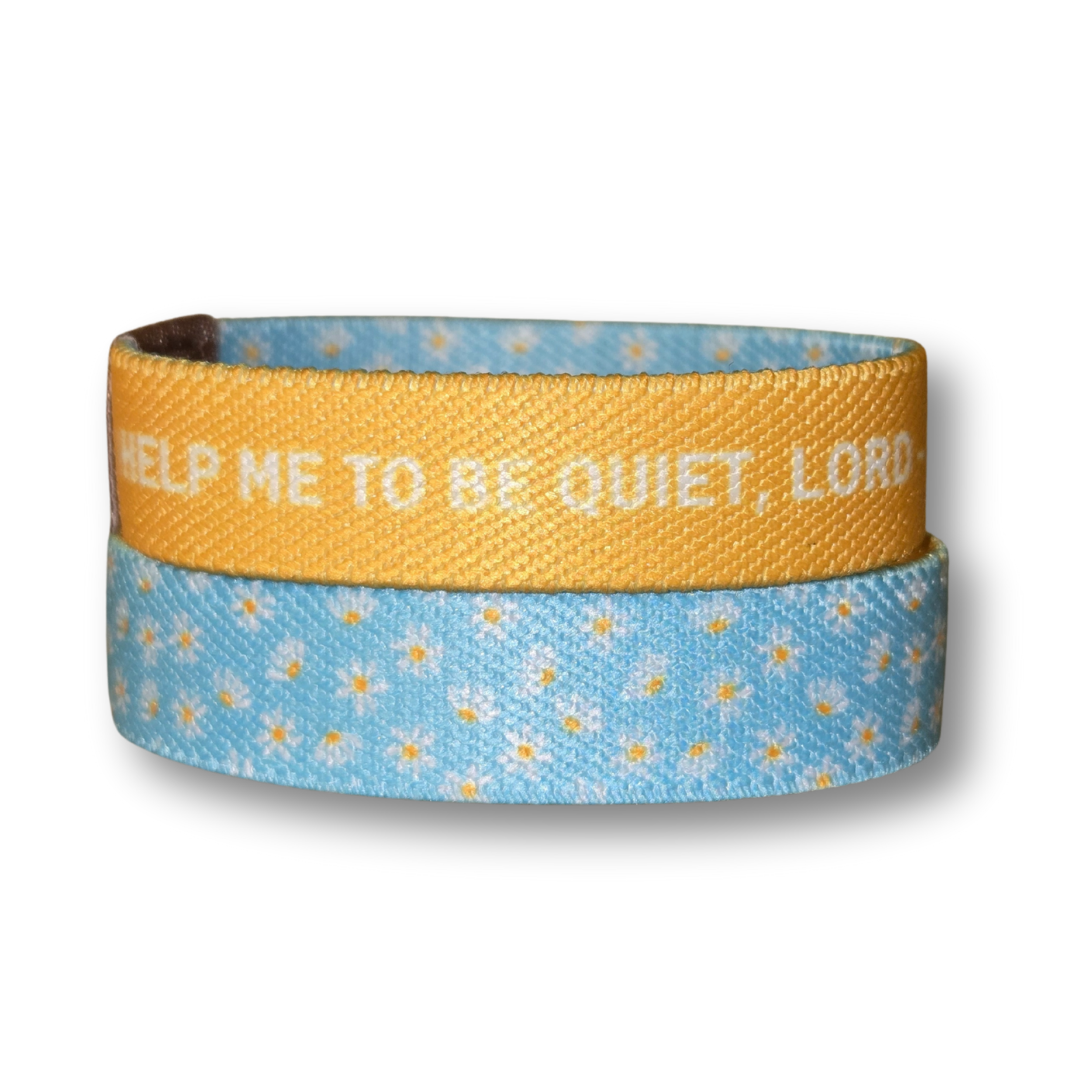 Pink Salt Riot inspirational Christian wristband for girls with yellow text and blue floral design