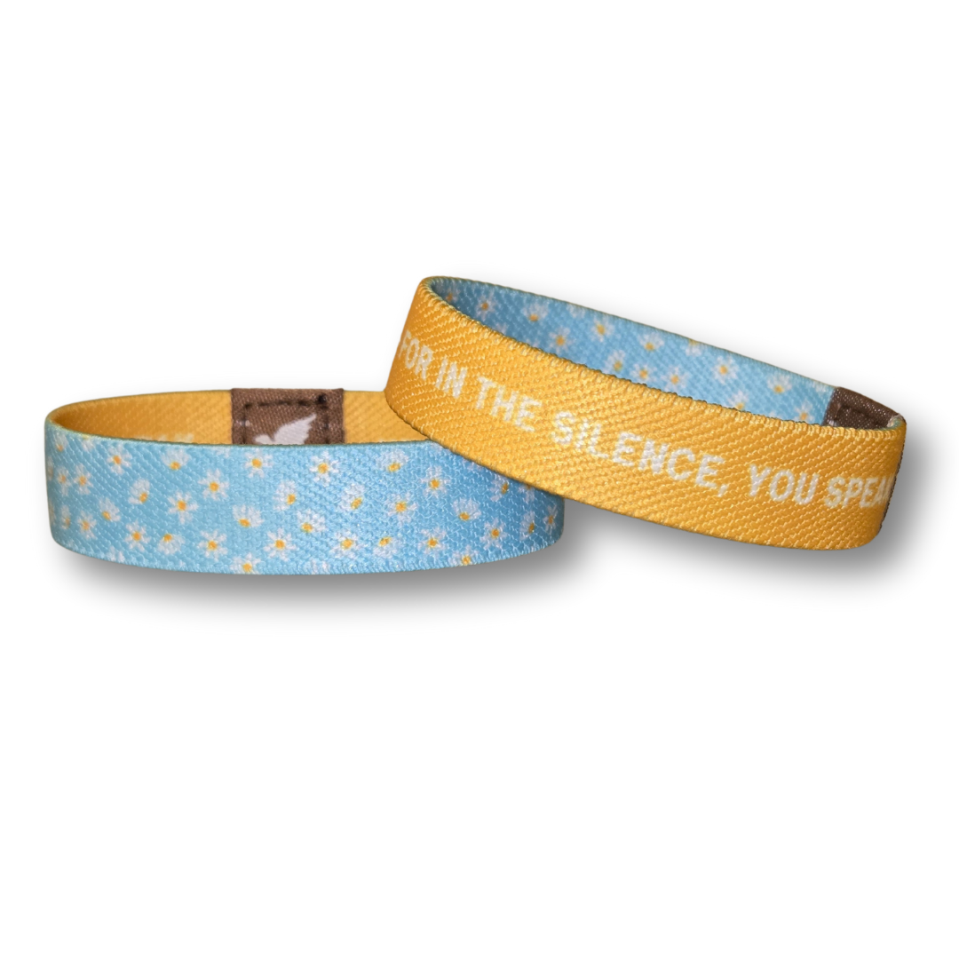 Inspirational Christian wristband for girls by Pink Salt Riot with blue and yellow fabric design