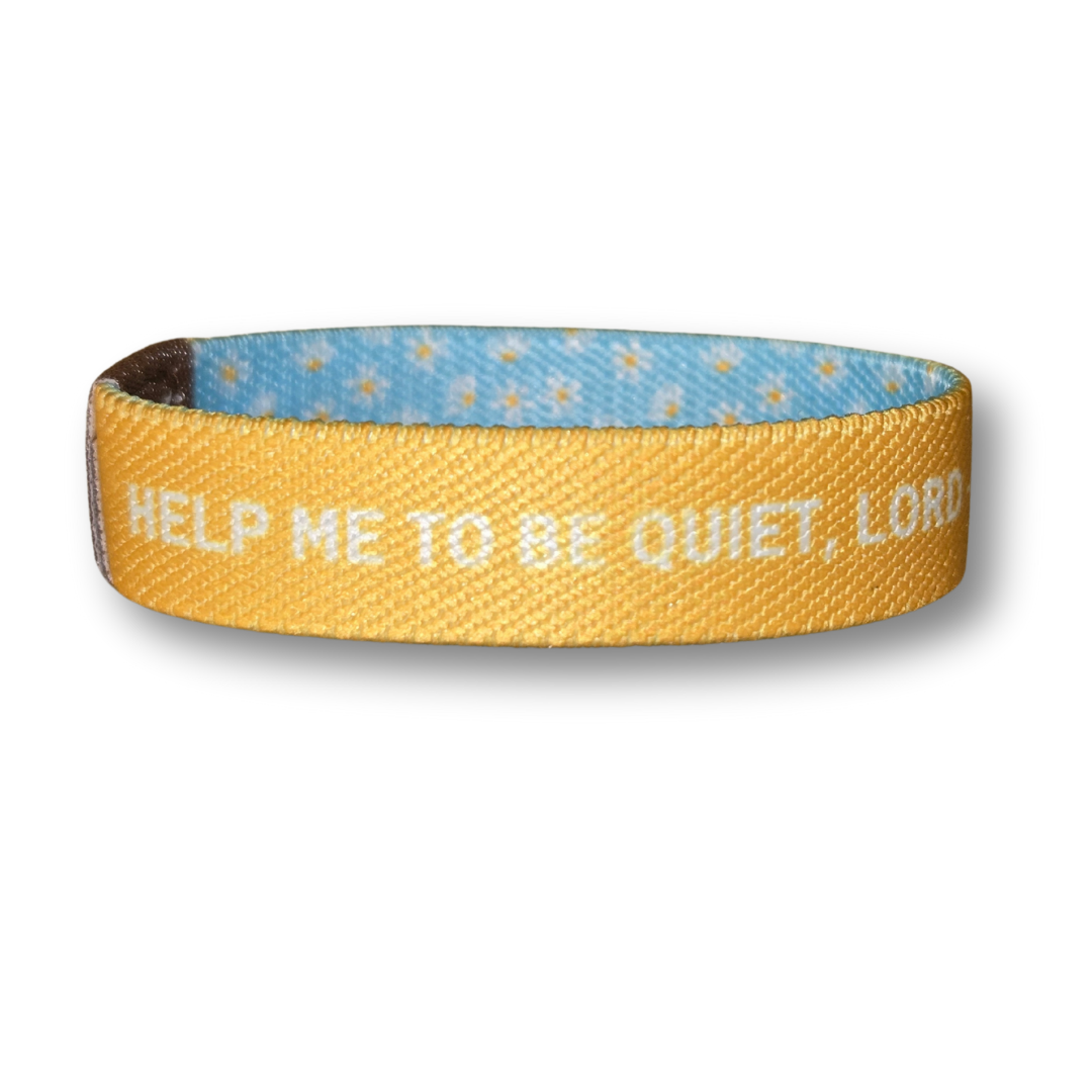 Pink Salt Riot inspirational Christian wristband for girls in yellow with white text and blue floral interior