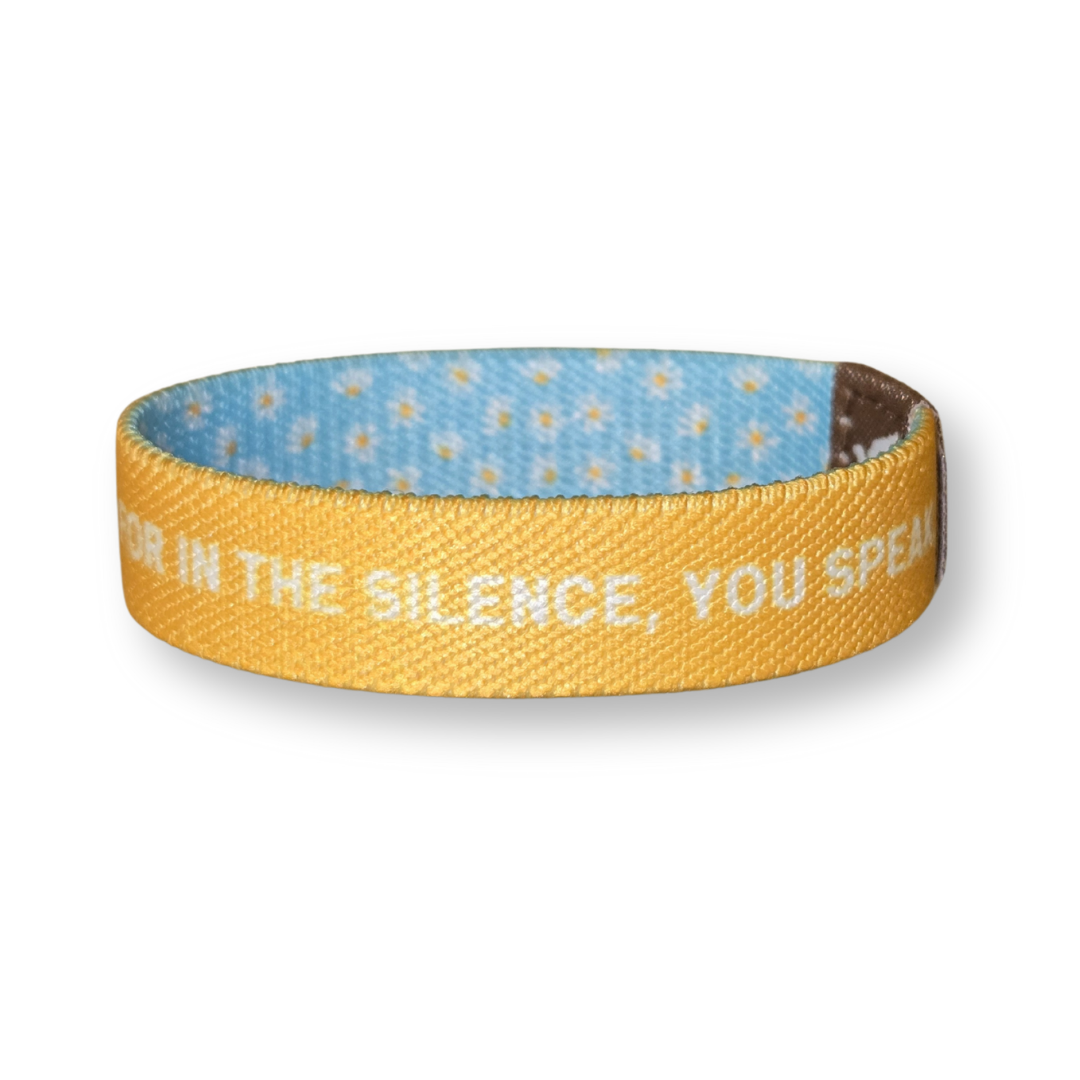 Pink Salt Riot inspirational Christian wristband for girls with yellow and blue fabric design