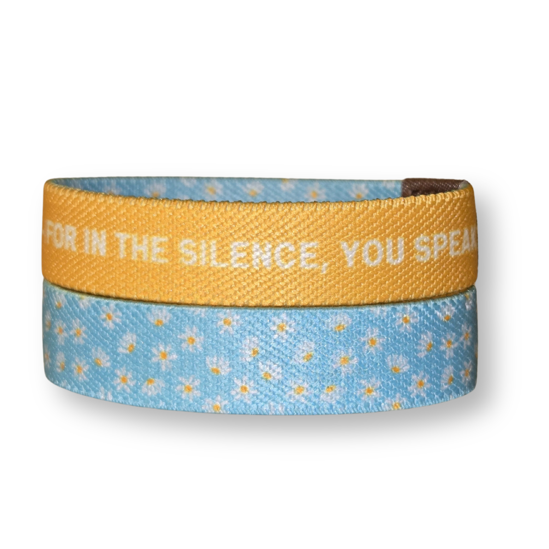Pink Salt Riot inspirational Christian wristband for girls with yellow and blue daisy design