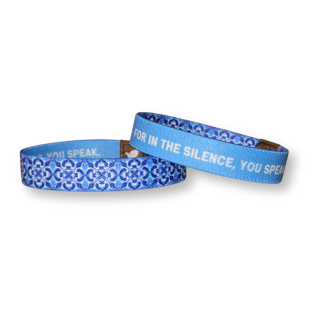 Christian affirmation bracelet for women by Pink Salt Riot with blue patterned design and inspirational text