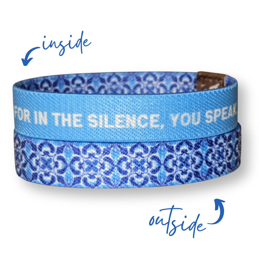 Pink Salt Riot Christian affirmation bracelet for women with blue patterned outside and text inside