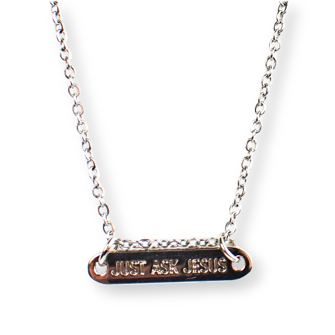 Just Ask Jesus Silver Bar Necklace-Pink Salt Riot