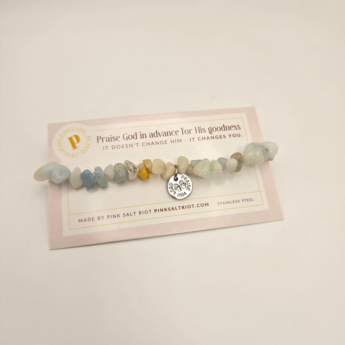 Praise You Lord Chipped Amazonite Beaded Bracelet on card