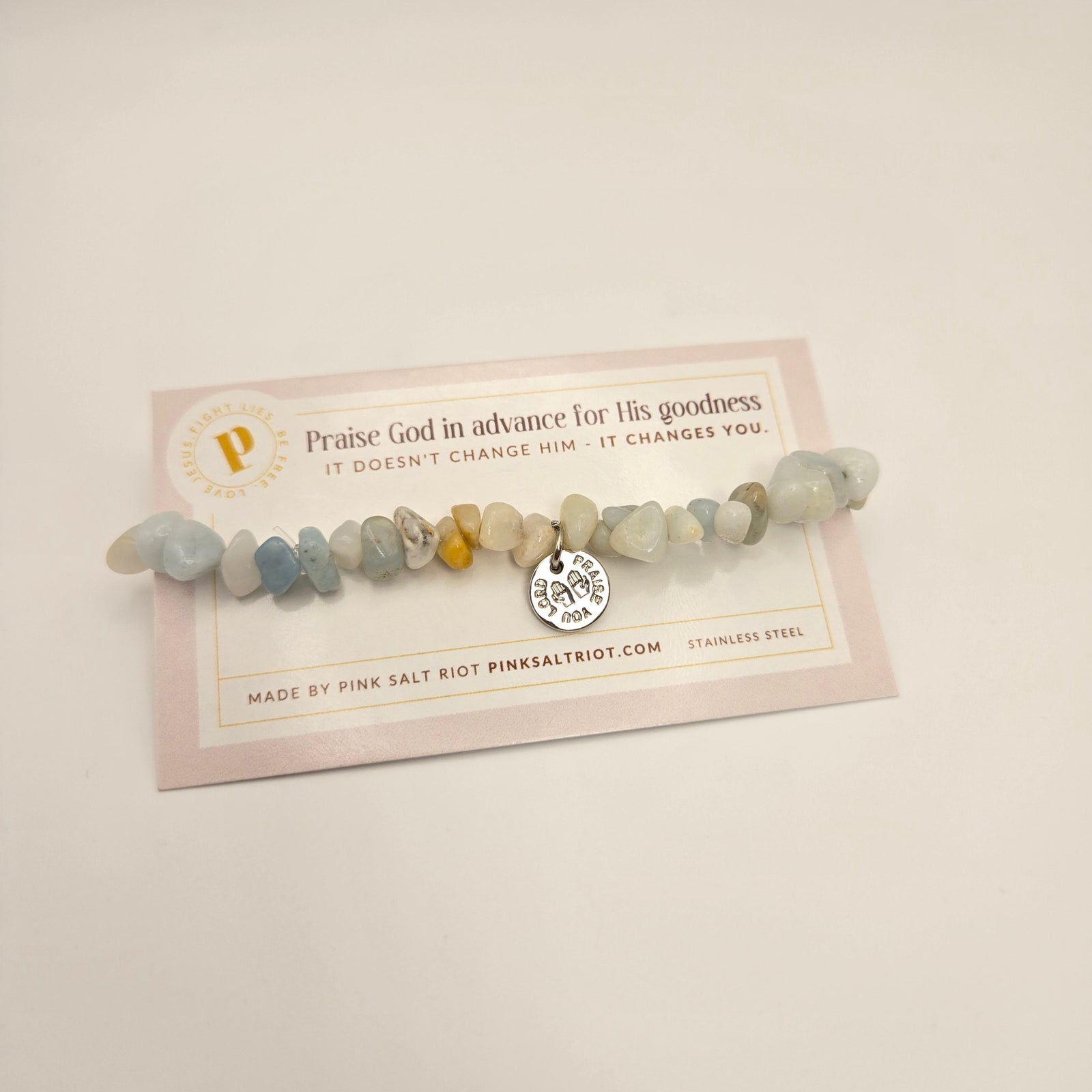 Praise You Lord Chipped Amazonite Beaded Bracelet on card