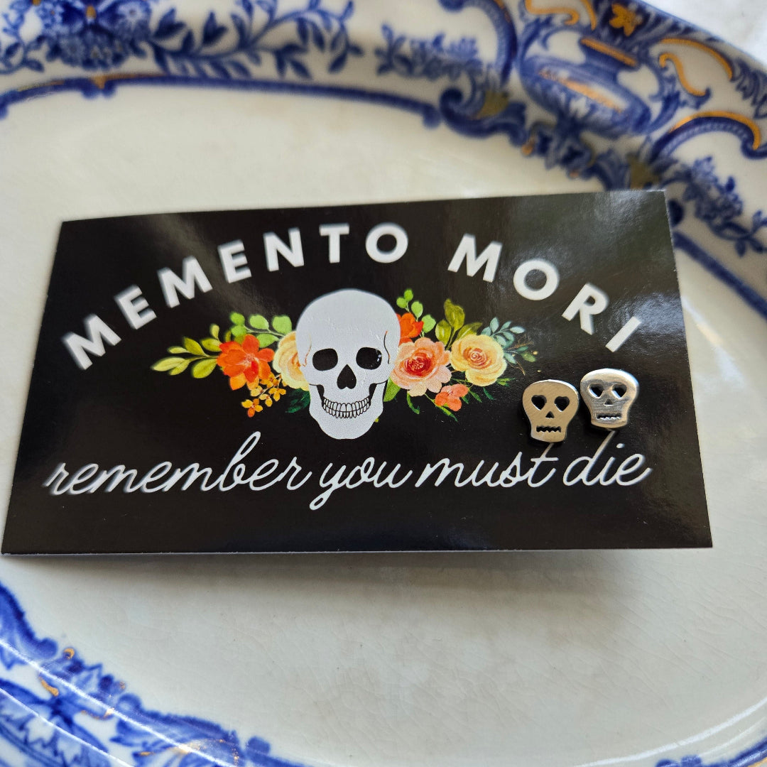 Skull Earrings-Pink Salt Riot silver on plate - memento mori