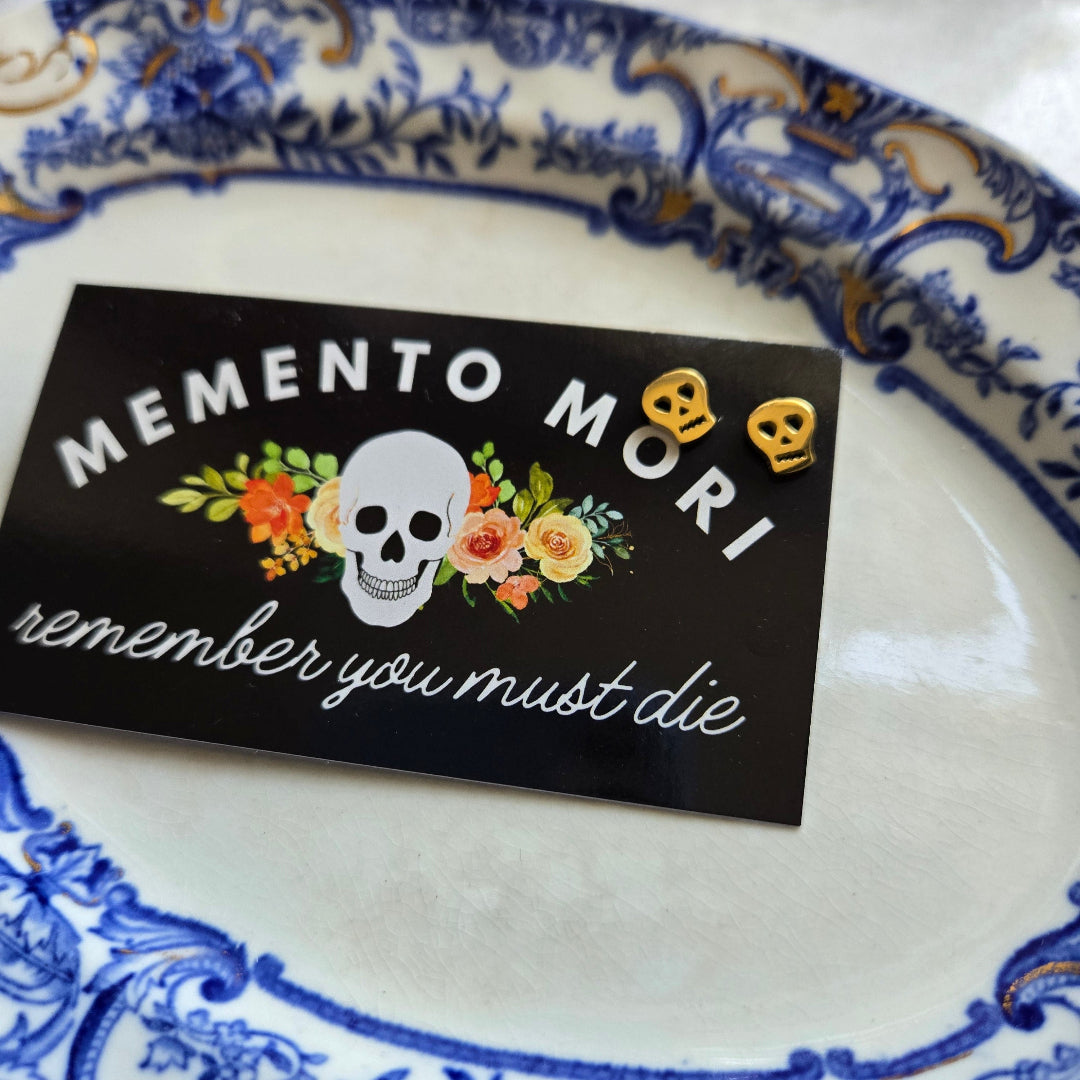 Skull Earrings-Pink Salt Riot- gold on plate memento mori
