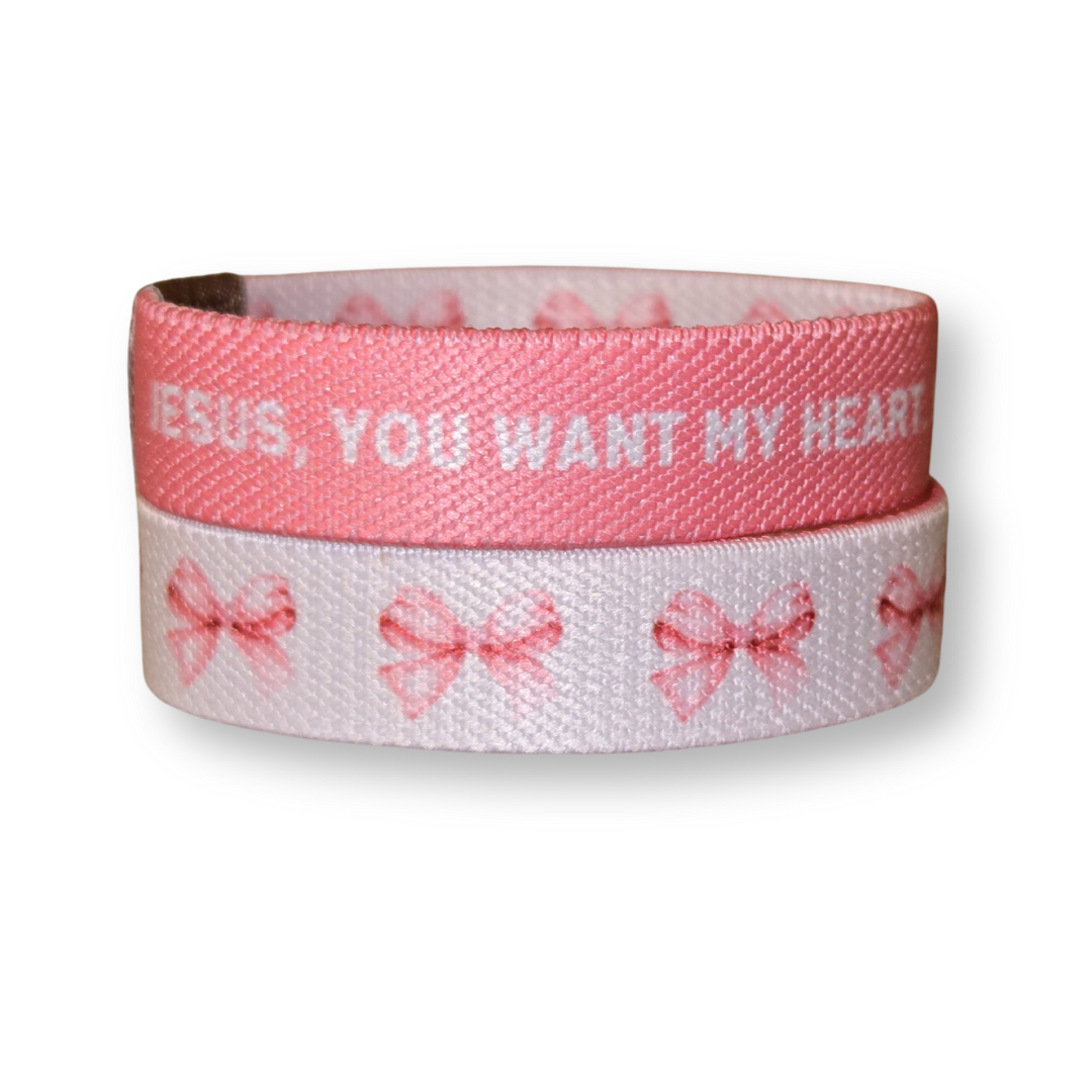 Pink Salt Riot Christian girls bracelet set with pink prayer text and bow designs