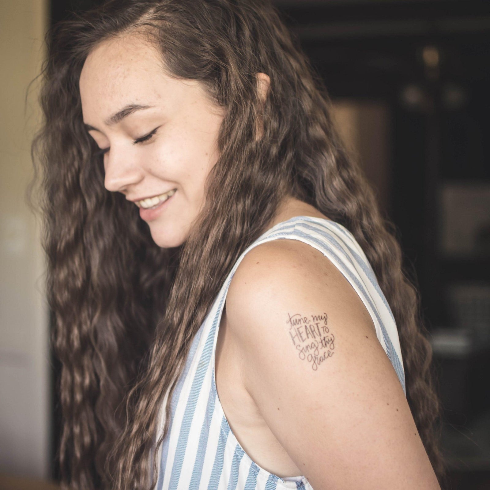 Christian Temporary Tattoos Set Created for Love on a young woman's upper arm with heart and text design