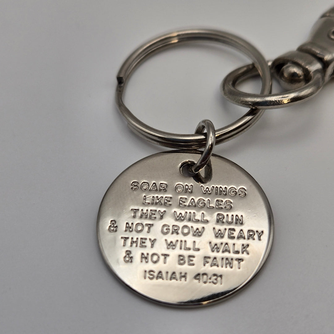 close up of back of Soar Like Eagles keychain- Pink Salt Riot