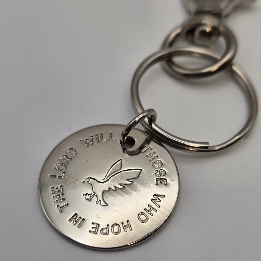 close up of front of Soar Like Eagles keychain front- Pink Salt Riot