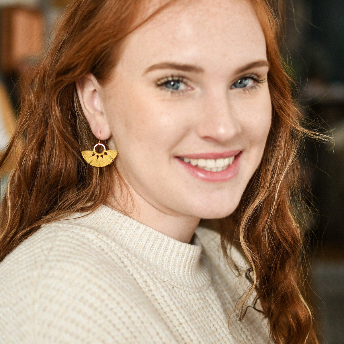 Mustard Fan Tassel Earrings - Pink Salt Riot