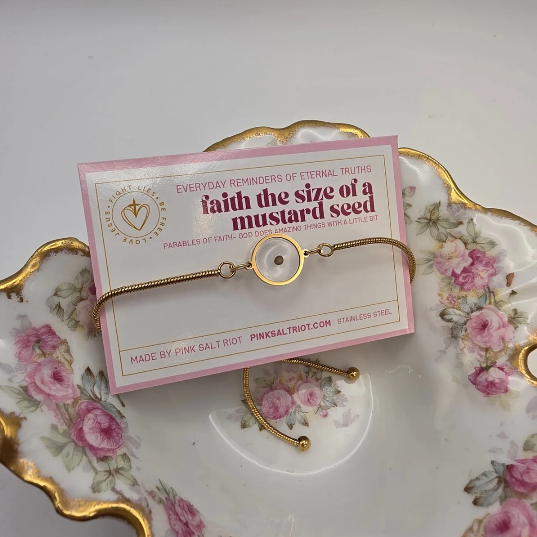 Pink Salt Riot Mustard Seed Gold Slider Bracelet on card
