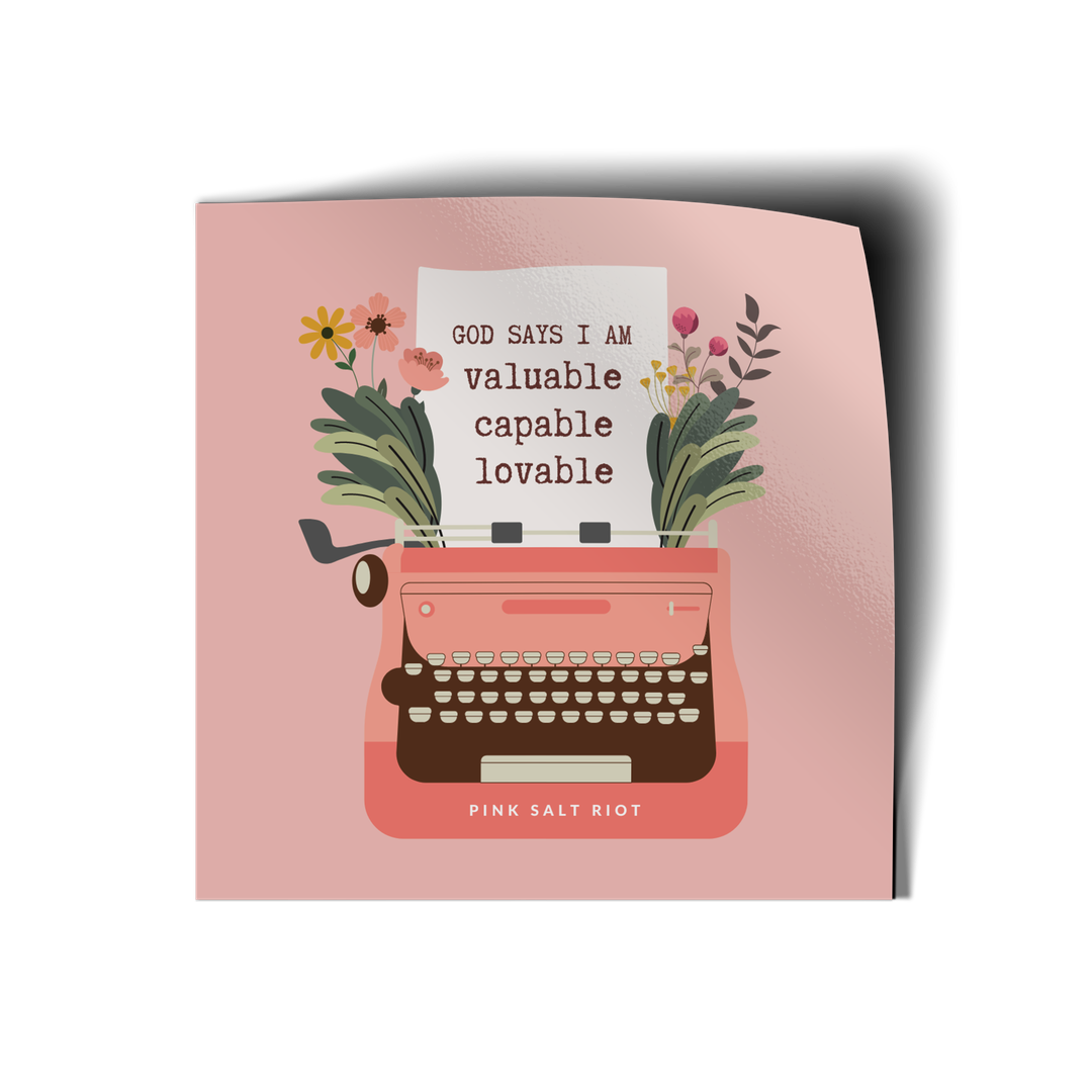 Pink Salt Riot Christian affirmation sticker with vintage typewriter and floral design on pink background