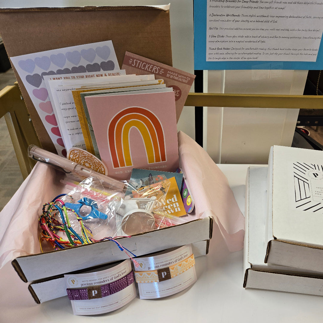 Pink Salt Riot summer camp care package for girls with colorful stationery and fun activity items